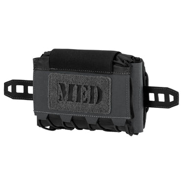 Horizontal tactical pouch in black with MOLLE webbing and hook-and-loop patch panel