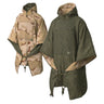 Reversible camo poncho with hood, wide sleeves, adjustable drawstring hem