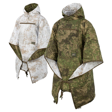 Reversible camo poncho with hood in white and green, wide sleeves, drawstring hem