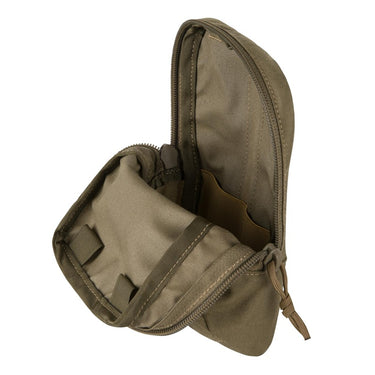 Utility pouch with open side view, tan fabric, gusseted front pocket and strap.