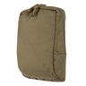 Utility pouch with drawcord top, khaki olive fabric, side pocket panel detail.