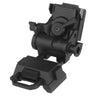 Black aluminium mount with adjustable rail, rotary bracket, and circular socket