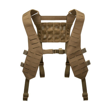 Tan tactical H-harness with breathable mesh insert and adjustable shoulder straps