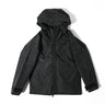 Hooded parka in black with snap front, drawstring hood, and chest pockets