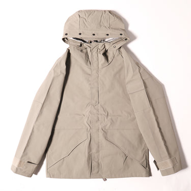 Hooded parka in light gray with snap front, drawstring hood, and chest pockets