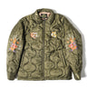 Olive quilted nylon jacket with full-zip front and dragon embroidery on chest
