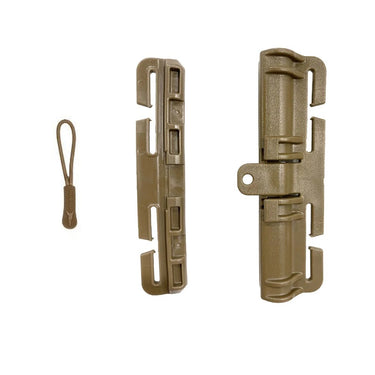 Coyote quick-release buckle with dual slots and attached loop cord.