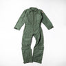 Sage green aramid flight coverall with zip front, stand collar, and patch sleeves.
