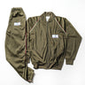 Olive drab field suit set: zip jacket and matching drawstring pants with stripe trim