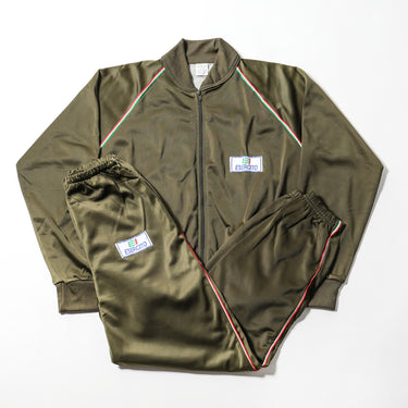 Olive drab field suit set with zip jacket and matching track pants, stripe-trim details