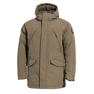 Coyote hooded parka with full front zipper, snap flap pockets, and padded insulated body