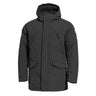 Black hooded parka with full front zipper, snap flap pockets, and padded insulated body