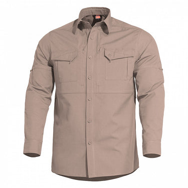 Khaki tactical long-sleeve shirt with button front and chest pockets.