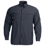 Navy button-front work shirt with two chest pockets and long sleeves