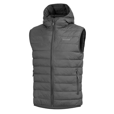 Dark gray puffer hooded vest with full-zip front and side pockets
