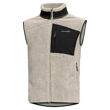 Sherpa fleece vest in light beige with full-zip front, stand collar, and chest pocket