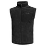 Sherpa fleece vest in black with full-zip front, stand collar, and chest pocket