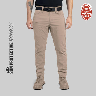 Khaki cargo-style tropic pants with belt loops and zip fly, full length.