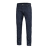 Low-profile tactical jeans, raw blue denim, straight fit with button closure