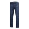 Dark blue tactical jeans pants with straight legs, belt loops, five-pocket design.