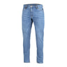 Light indigo blue tactical jeans with button fly, belt loops, and five pockets