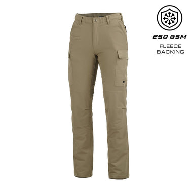 Khaki tactical pants with cargo pockets and button waist, arctic fleece backing