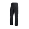 Black functional cargo pants with elastic waist, button closure, thigh pockets, ankle zips