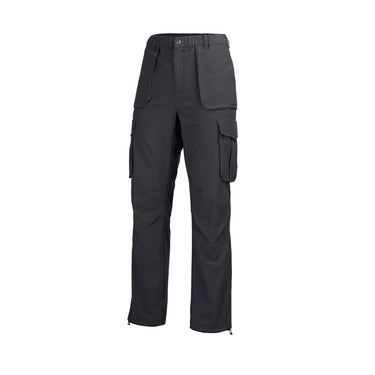 Black functional cargo pants with elastic waist, multiple cargo pockets and ankle zip hem