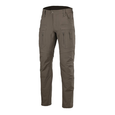 Gray tactical pants with belt loops, button fly, and cargo side pockets