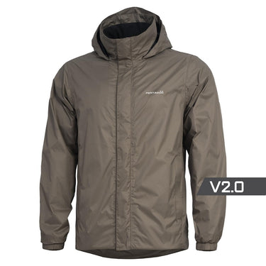 Gray rain jacket with attached hood, full zip front, long sleeves and elastic cuffs.