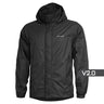 Black rain jacket with attached hood, full zip front, long sleeves and elastic cuffs.