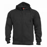 Black zip-up hoodie sweater with front zipper and drawstring hood.