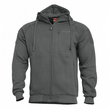 Gray zip-up hoodie sweater with front zipper and drawstring hood.