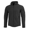 Black fleece zip-up jacket with hood and center front zipper, plus sleeve zipper pocket
