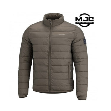 Gray puffer jacket with full-zip front and stand collar, long sleeves