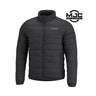 Black puffer jacket with full-zip front and stand collar, long sleeves