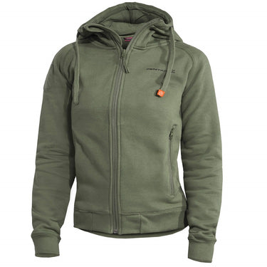 Camo green zip-up hoodie sweater with adjustable hood, front zipper, and kangaroo pocket