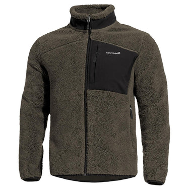 Olive-brown sherpa fleece jacket, full-zip, black chest panel pocket, stand collar.