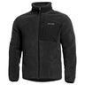 Black sherpa fleece jacket, full-zip, black chest panel pocket, stand collar.
