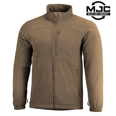 Men's zip-front fleece jacket in coyote tan with stand collar and side pockets