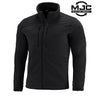 Black tactical fleece jacket with full-zip front, stand collar, and zip pockets