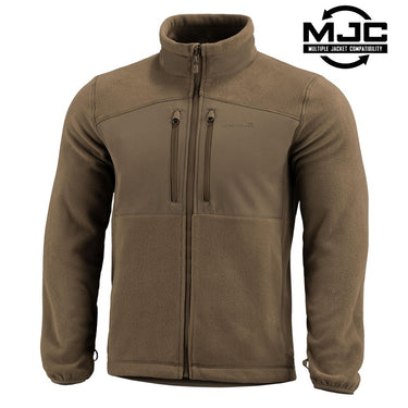 Coyote fleece jacket with full zip front, stand collar, and two zip pulls