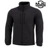 Black fleece jacket with full zip front, stand collar, and two zip pulls
