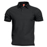 Black polo shirt with button placket, short sleeves, and ribbed collar