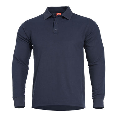 Navy long-sleeve polo shirt with front button placket and fold-over collar