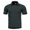Black polo shirt with short sleeves, button placket, and ribbed collar