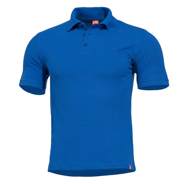 Blue polo shirt with short sleeves, button placket, and ribbed collar