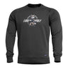 Black raglan crewneck sweater with wolf graphic front and ribbed cuffs