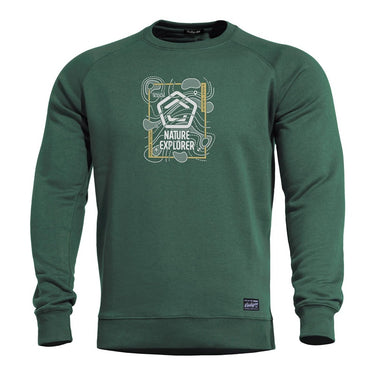 Green crewneck sweater with Nature Explorer graphic