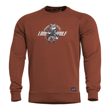 Maroon red raglan crewneck sweater with wolf graphic front and ribbed cuffs